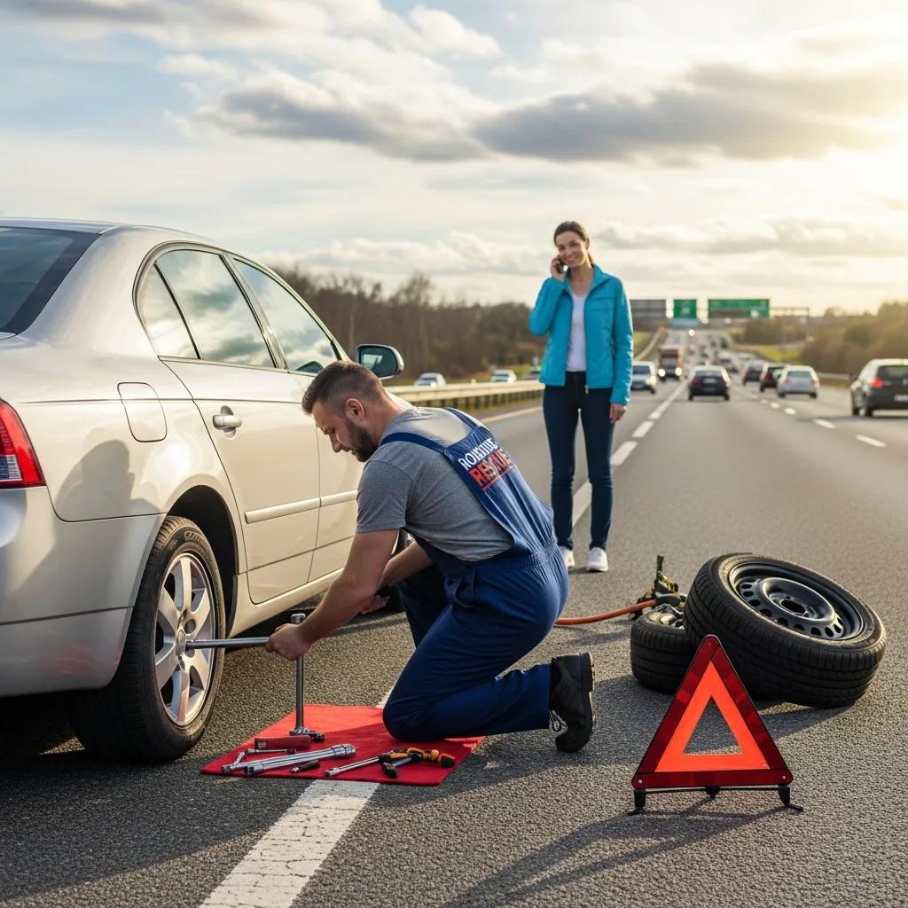 Mobile mechanic providing emergency roadside assistance for a flat tire