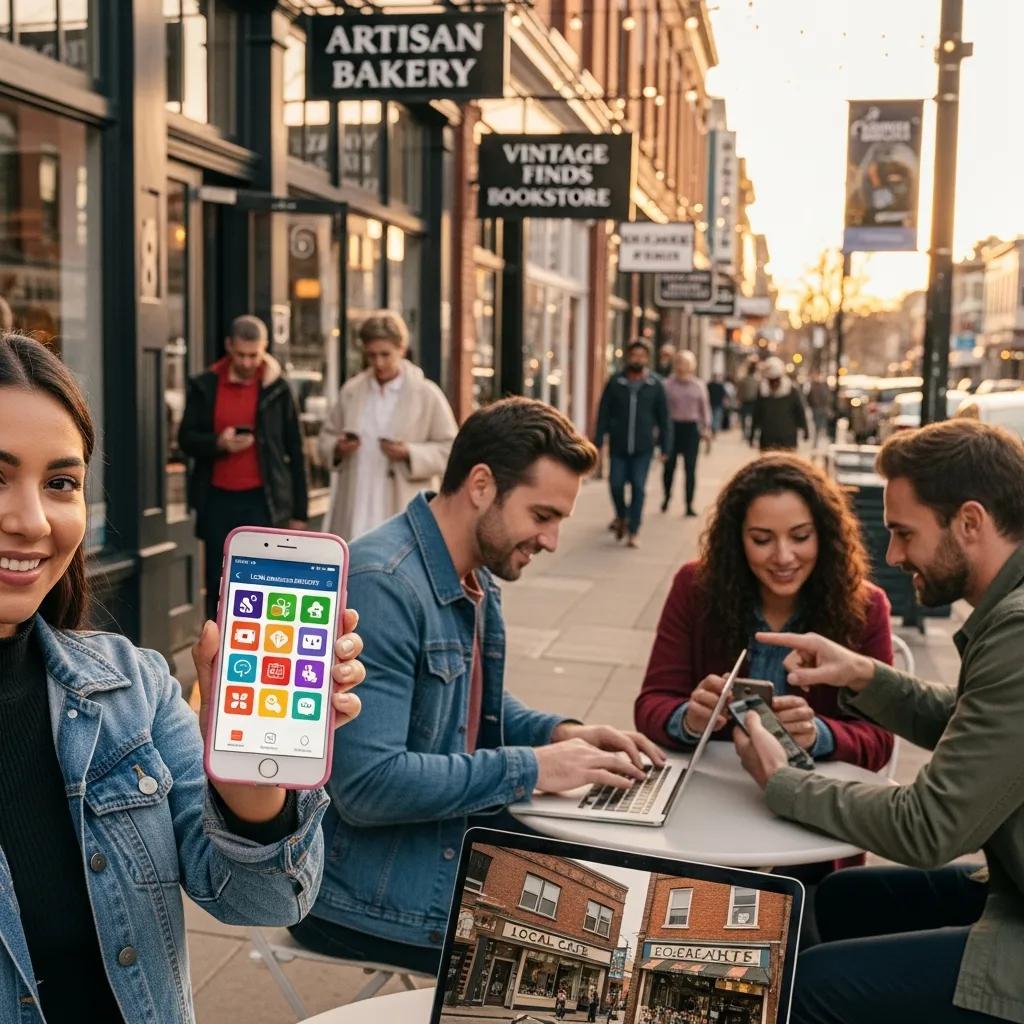 People using devices to find local businesses in an urban setting