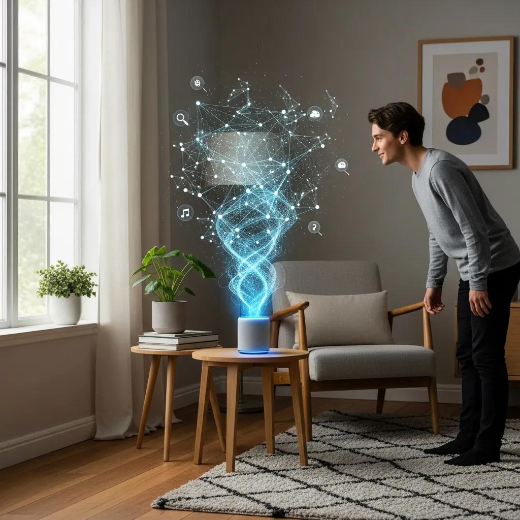 Person using a smart speaker for voice search in a modern home setting