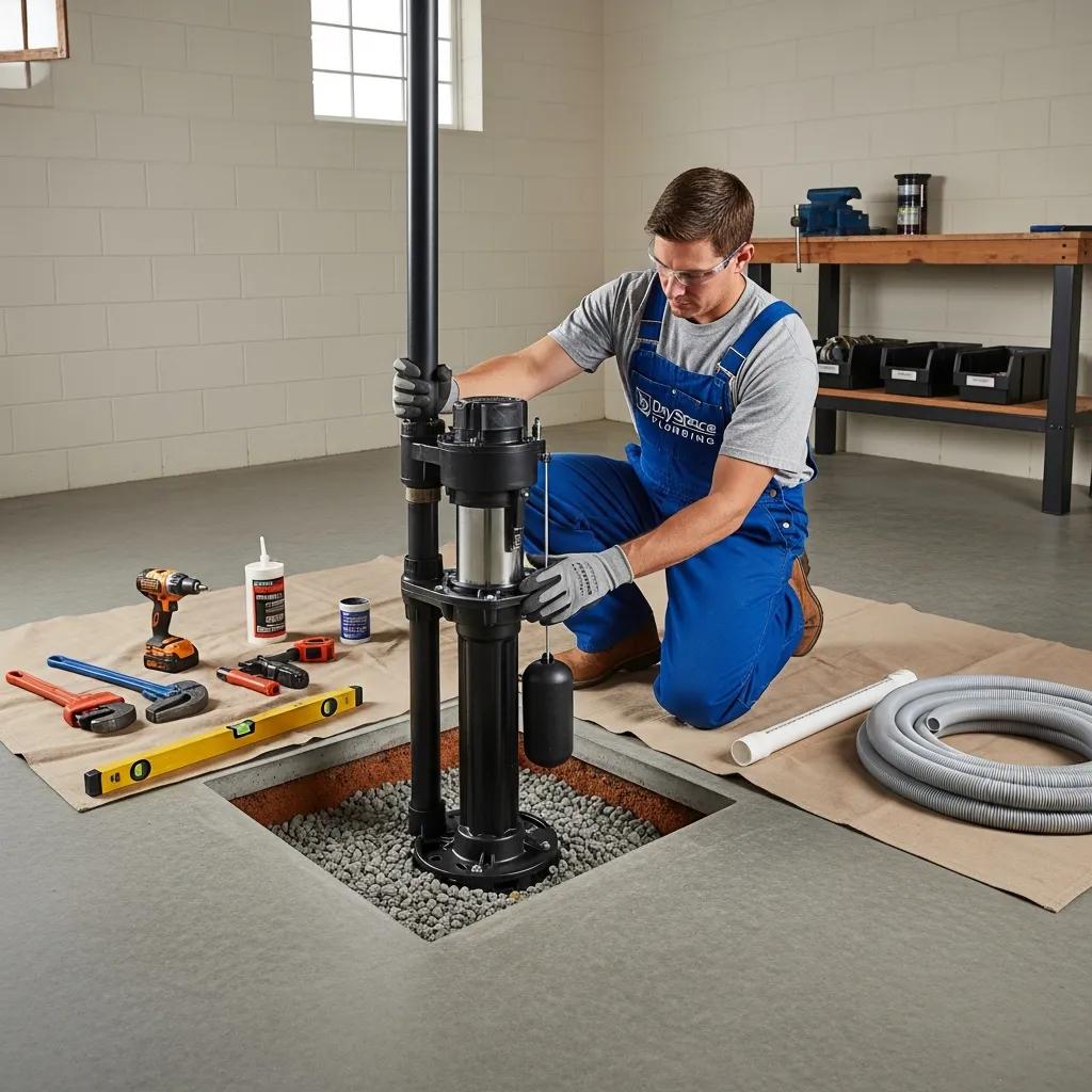 Plumber installing a sump pump in a Glenbrook basement, highlighting flood prevention services