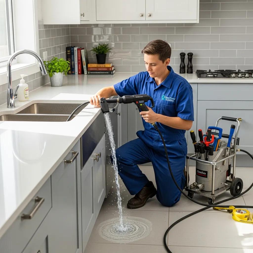 Plumber using hydro jetting to clear a clogged drain in a Glenbrook home, demonstrating effective sewer solutions