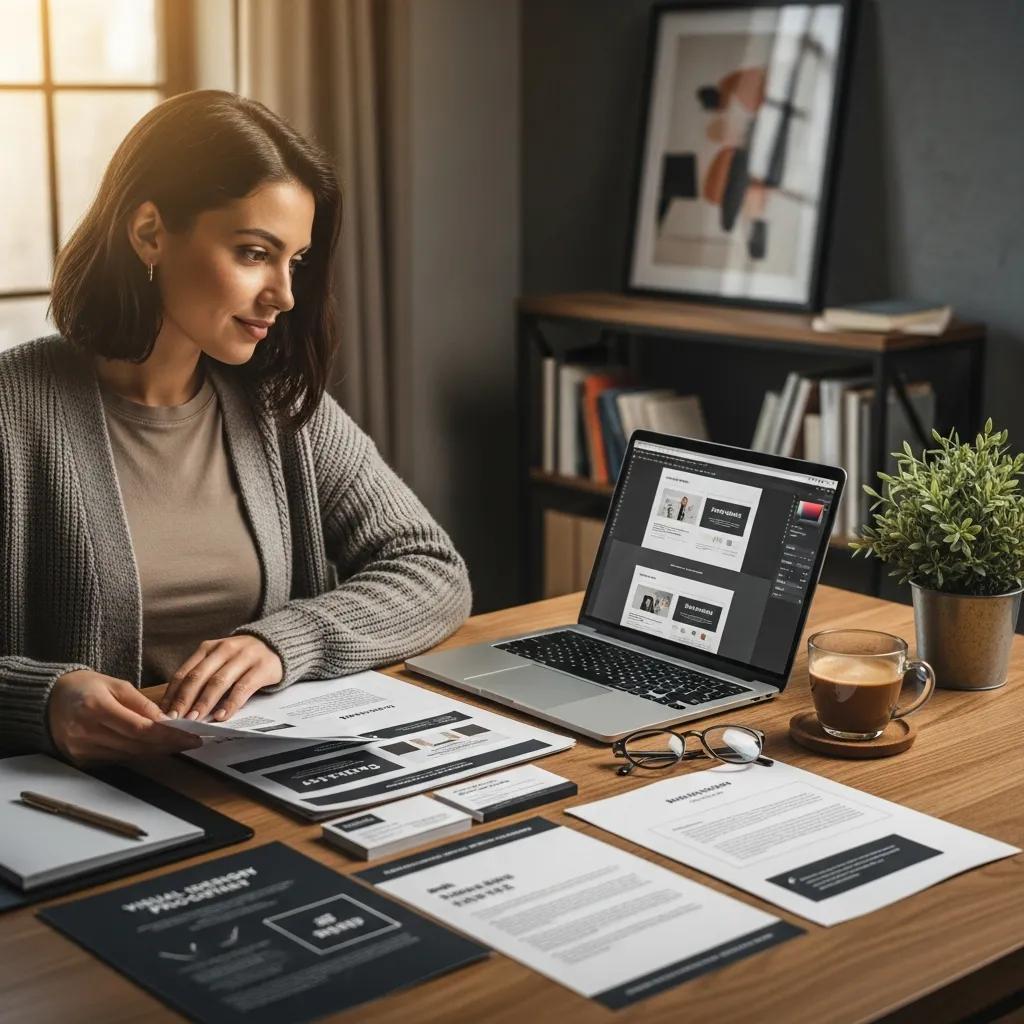 Small business owner reviewing design proposals and visual identity concepts in a cozy office