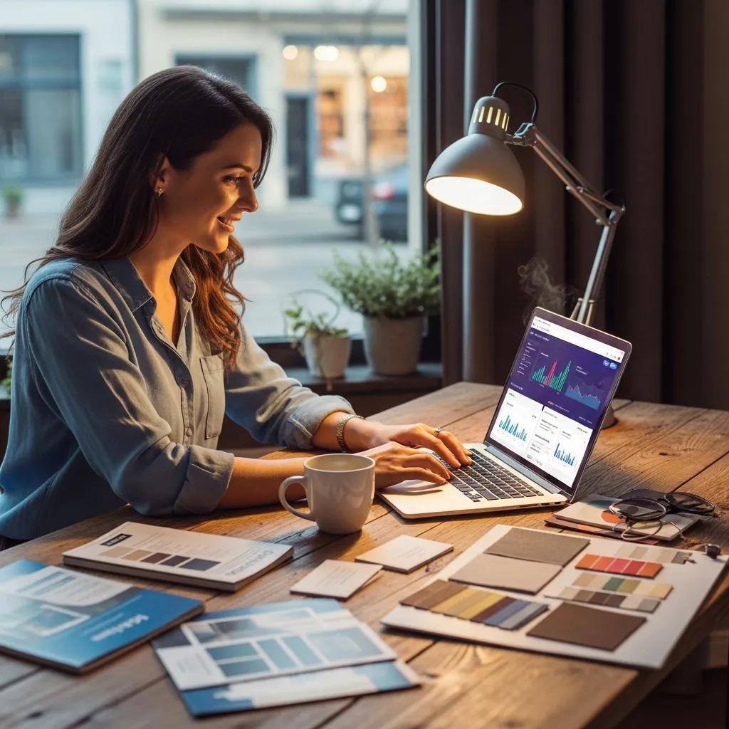 Small business owner utilizing AI marketing tools in a cozy workspace