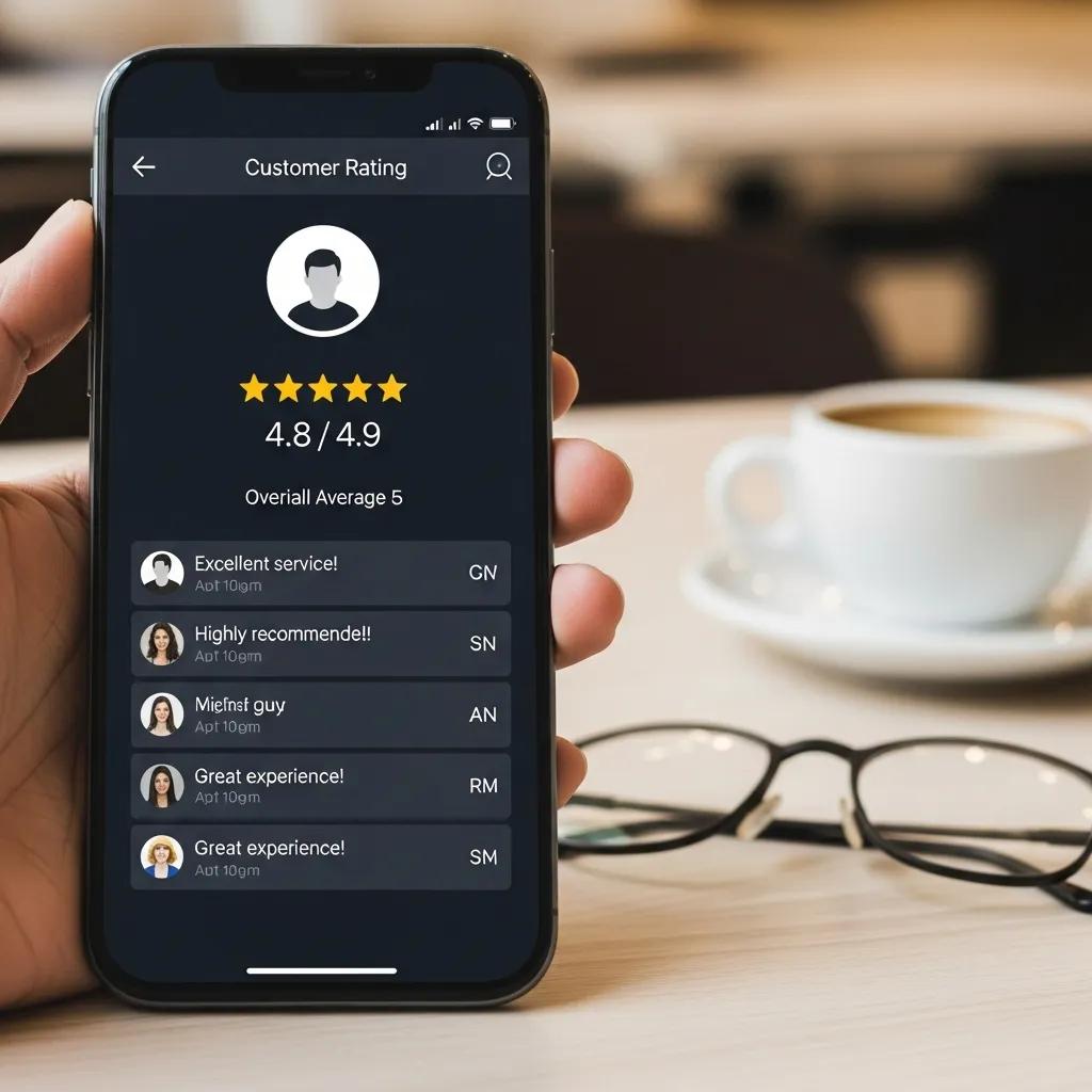 Smartphone displaying a business profile with customer ratings and reviews in a casual setting