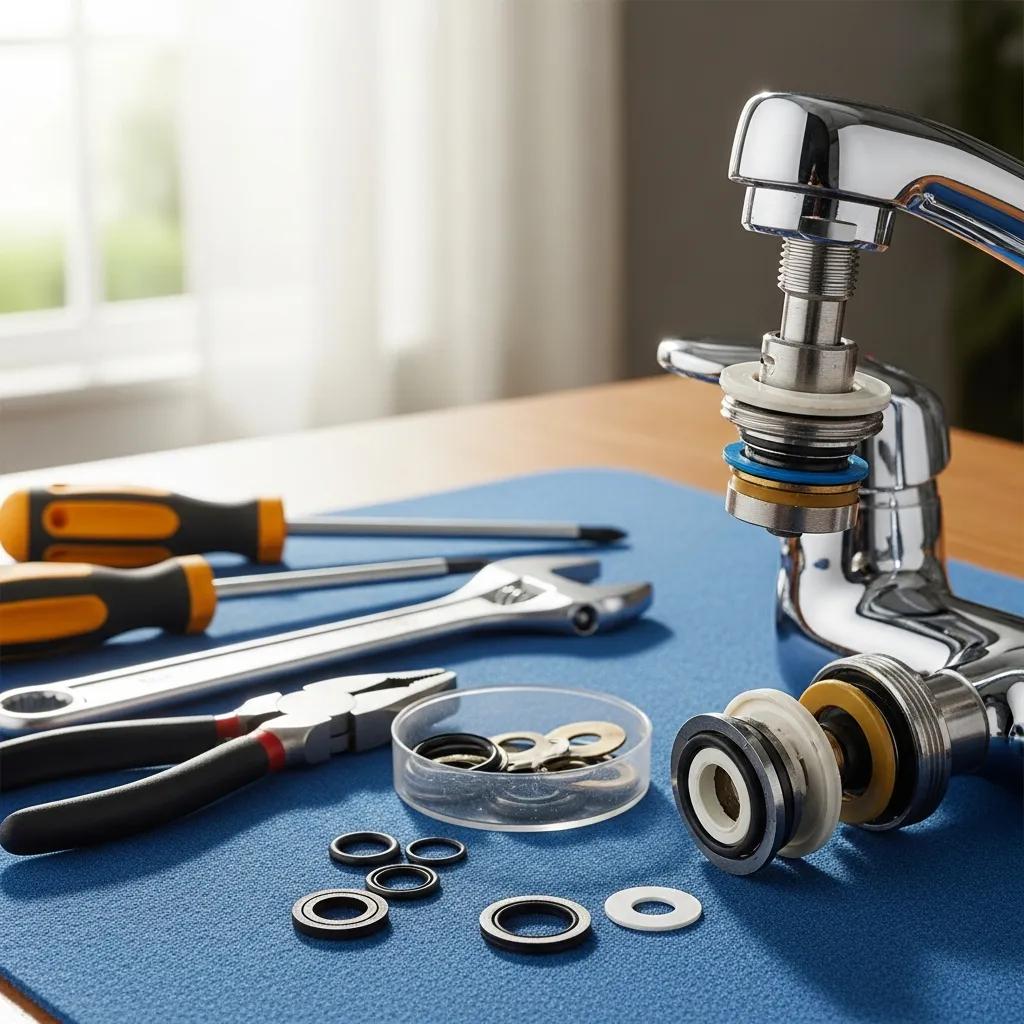Step-by-step tools and components for fixing a leaky faucet