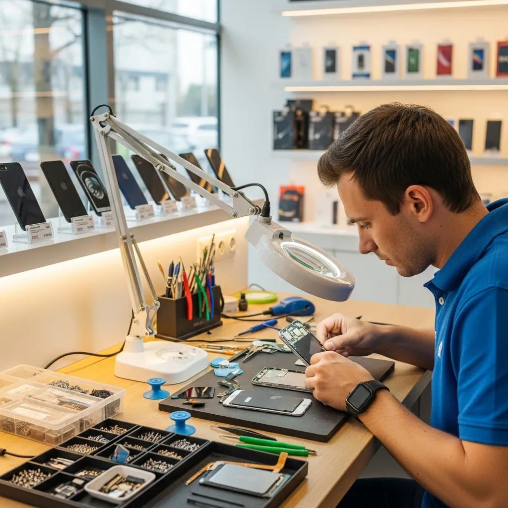 Technician repairing a mobile phone in a modern repair shop, highlighting quick repair services