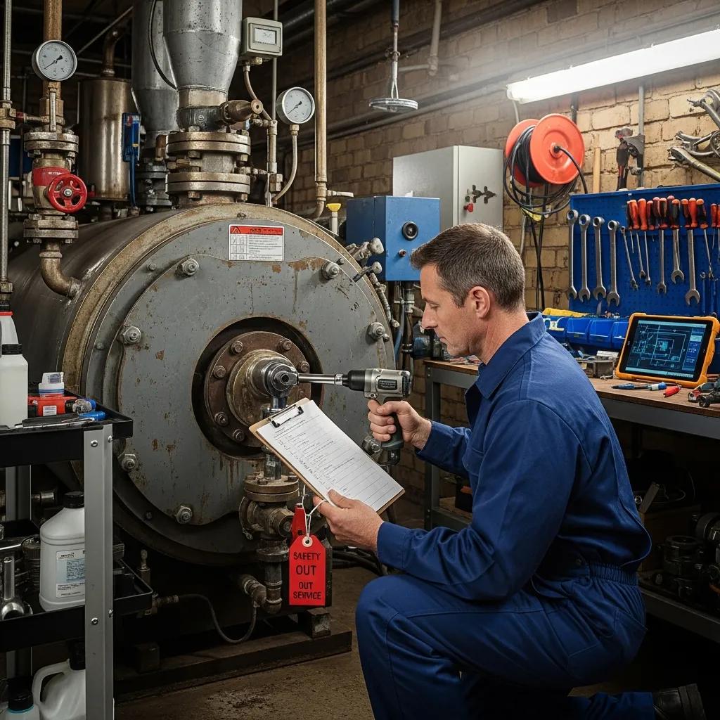 Technician using a checklist for preventive maintenance on a commercial boiler