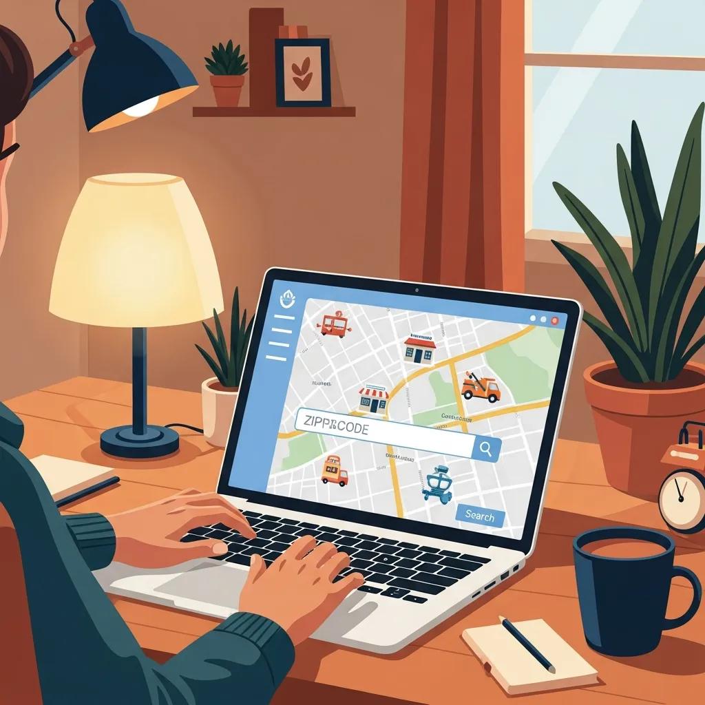 User entering zip code on a laptop to find local businesses