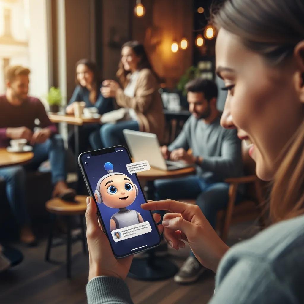 Smartphone showing an AI chatbot answering customer questions in a modern caf&eacute; setting