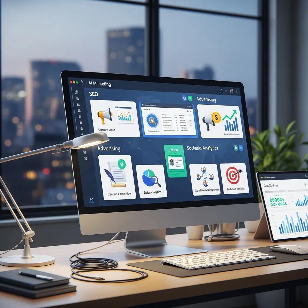 Dashboard showing AI-powered local SEO and advertising tools on a screen