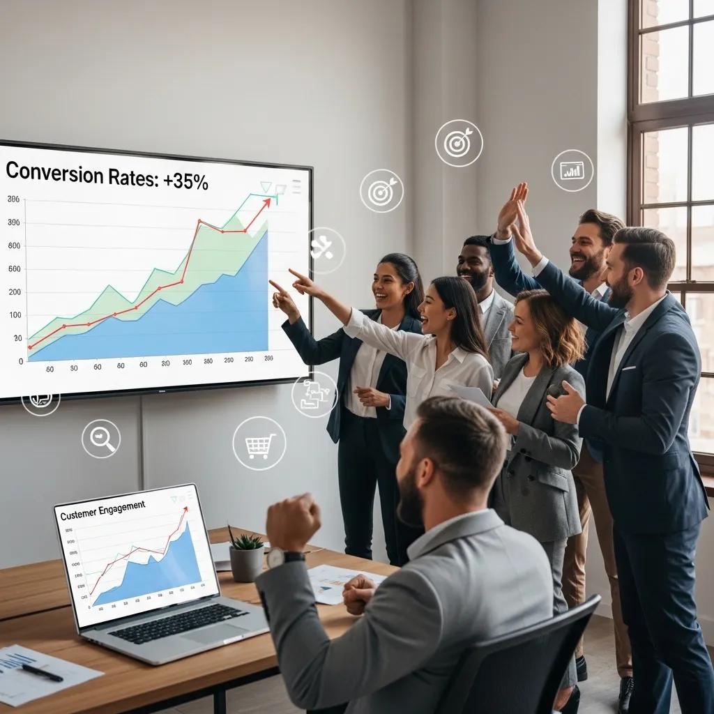 Business team celebrating increased conversion rates from AI marketing