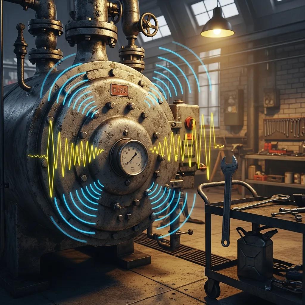 Close-up of industrial boiler with sound waves indicating unusual noises during operation