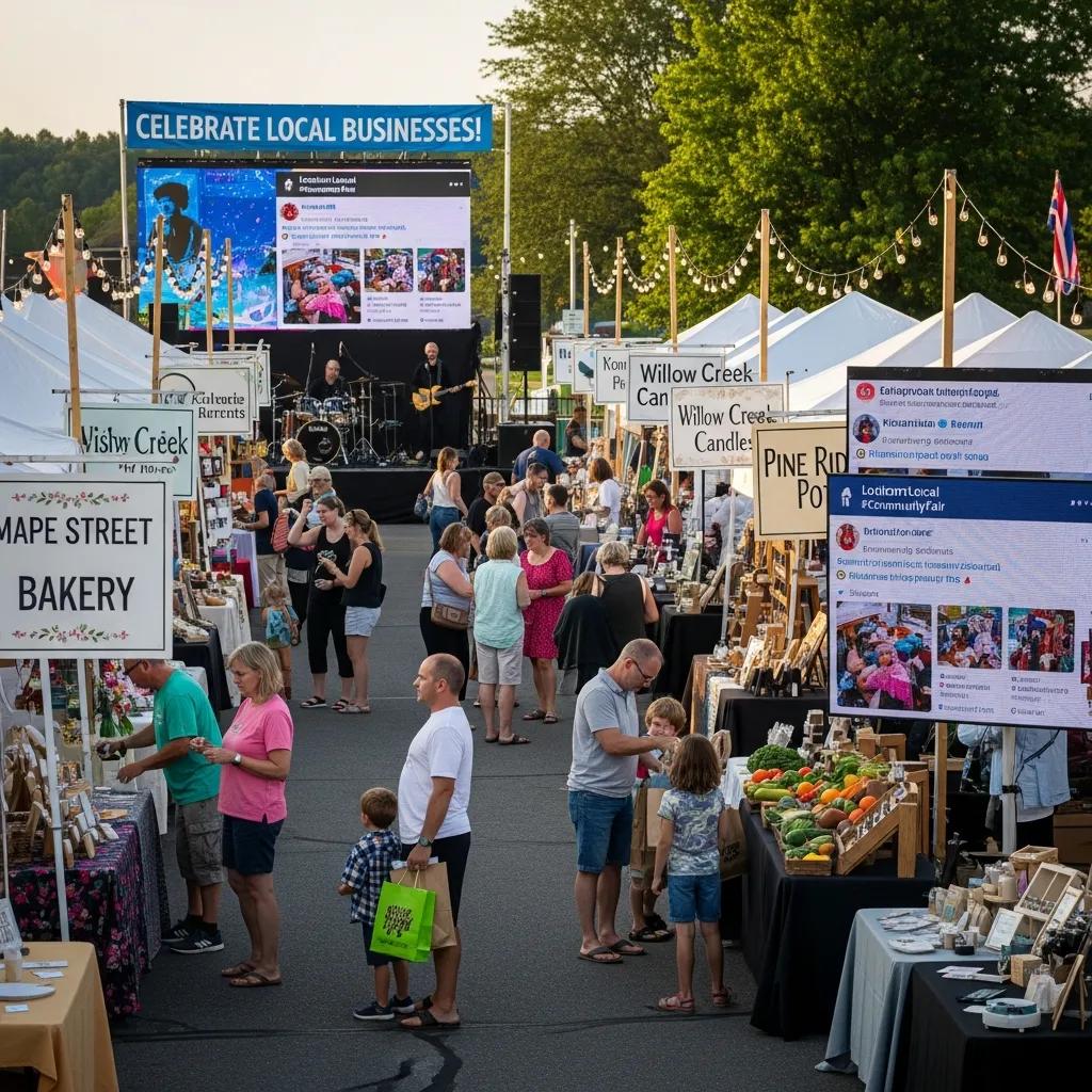 Community event showcasing local businesses, emphasizing social media engagement and support