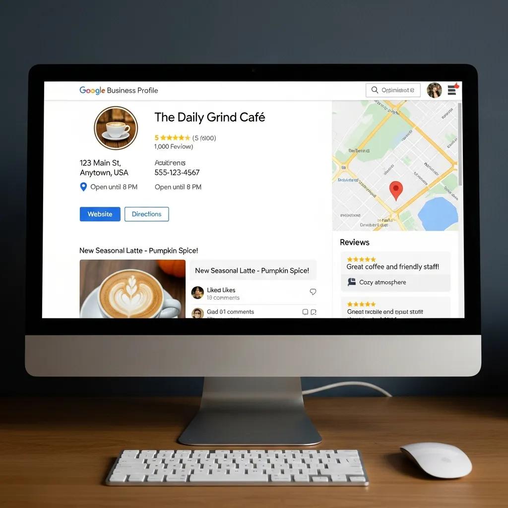 Computer screen showing an optimized Google Business Profile with business information and customer reviews