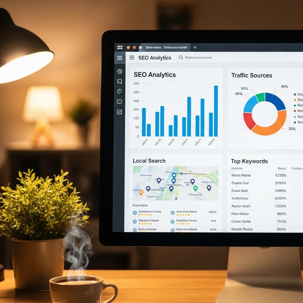 SEO dashboard on a computer screen showing local search metrics and optimization tools