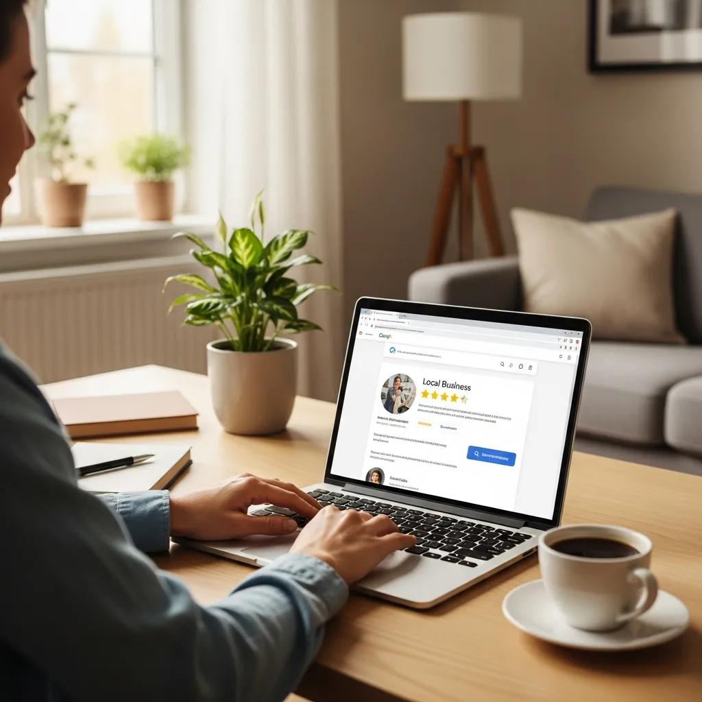 Consumer verifying local business information online in a cozy home office