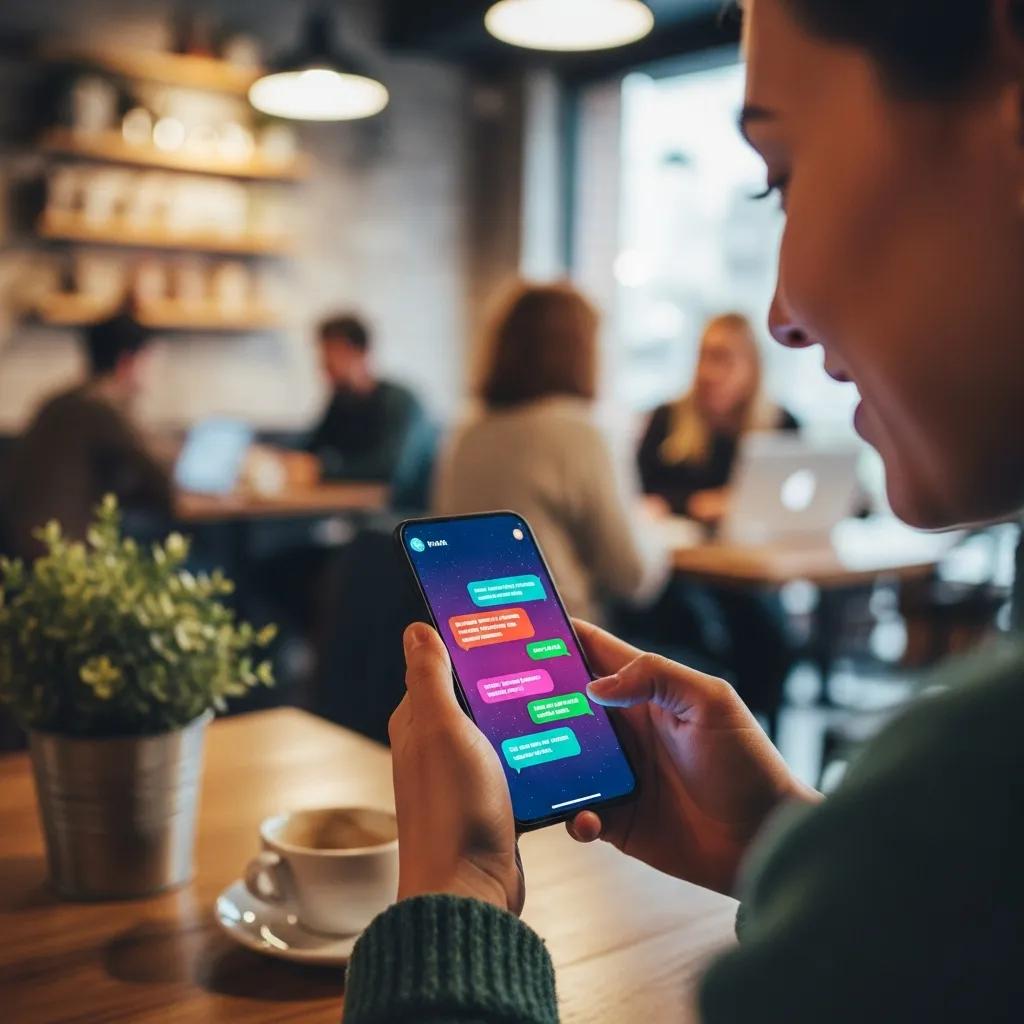 Customer engaging with an AI chatbot on a smartphone in a café