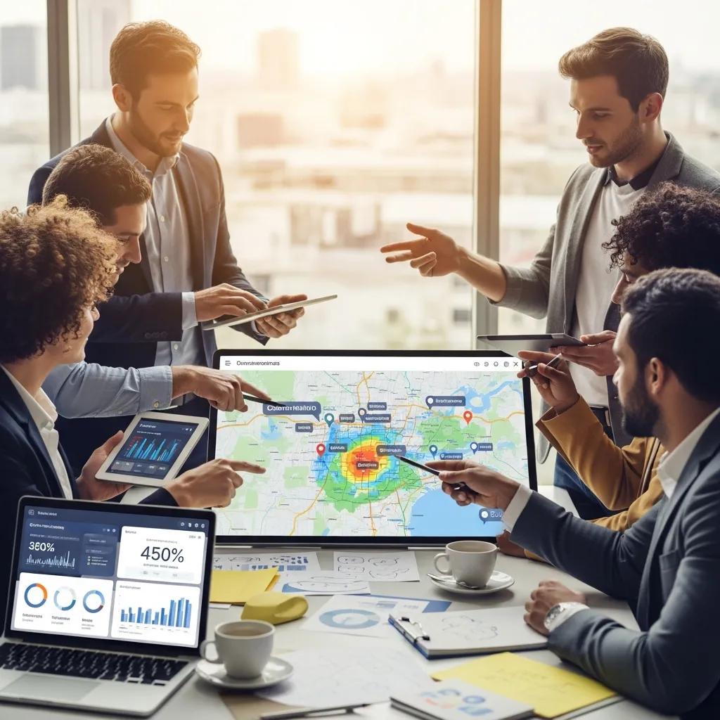 Diverse group analyzing geographic data on a tablet for customer acquisition strategies
