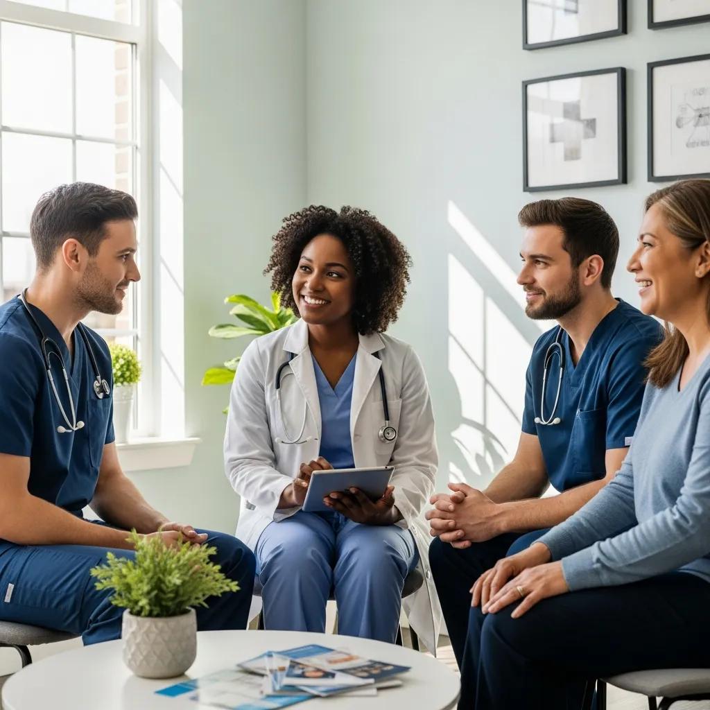 Diverse healthcare professionals discussing with a patient in a modern clinic
