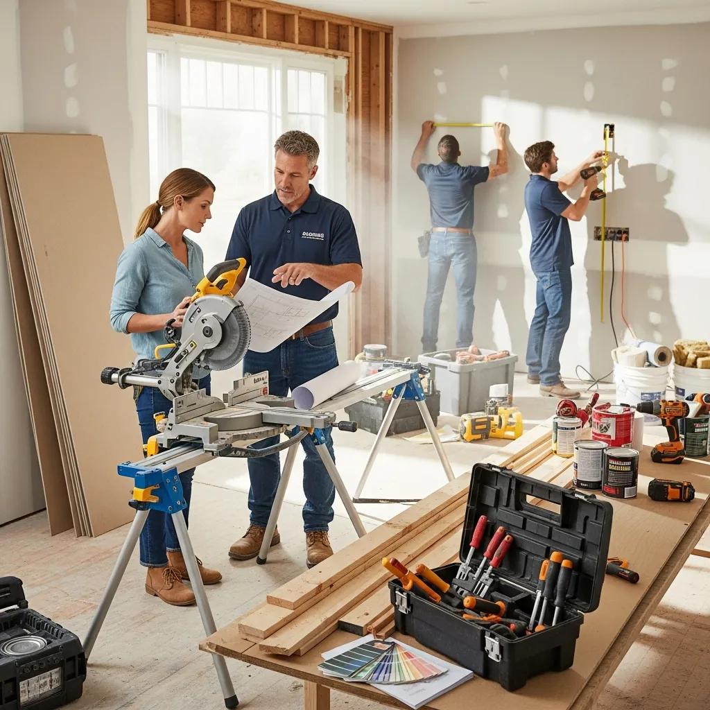Diverse local contractors collaborating with a homeowner on a renovation project