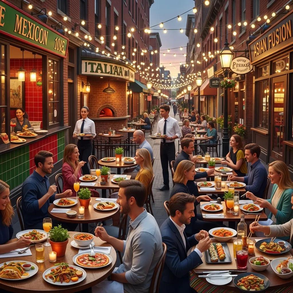 Diverse local restaurants with outdoor dining showcasing various cuisines