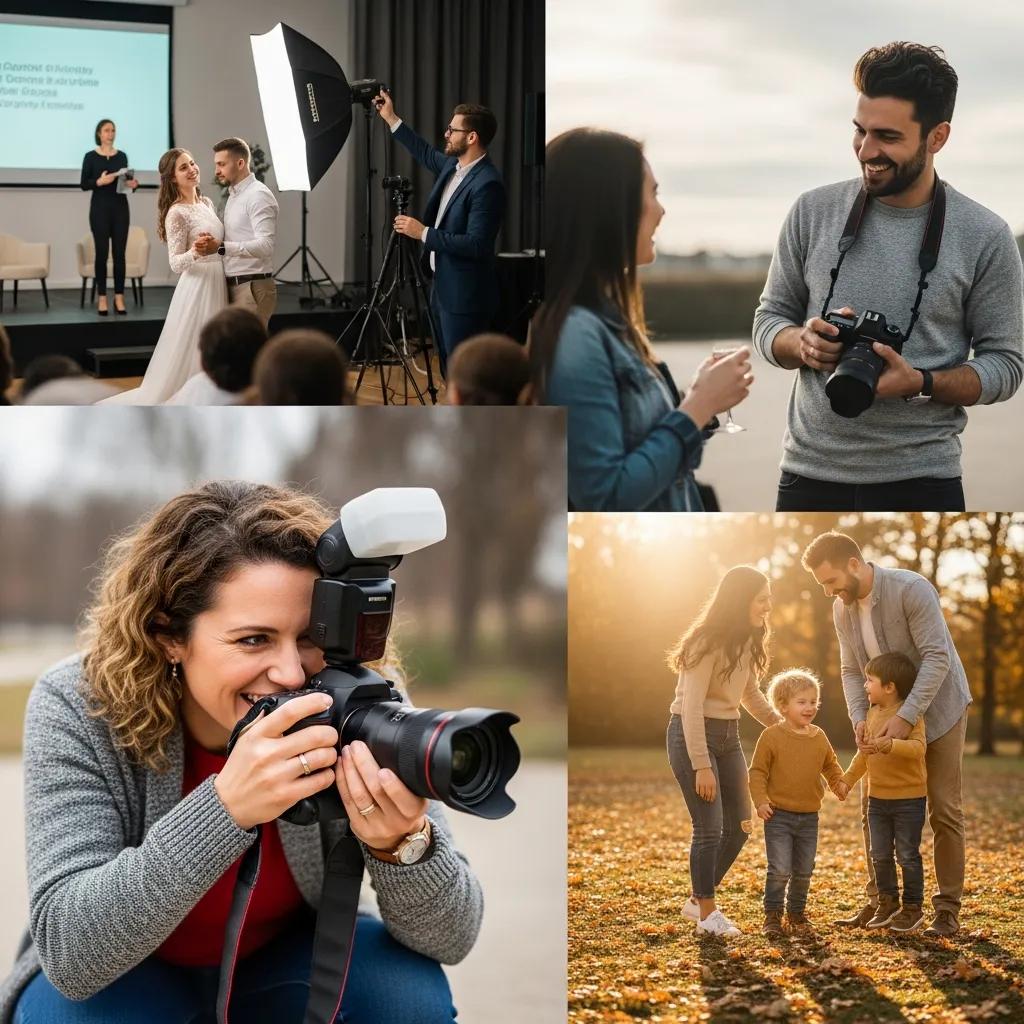 Diverse photographers capturing events and portraits, showcasing local photography services