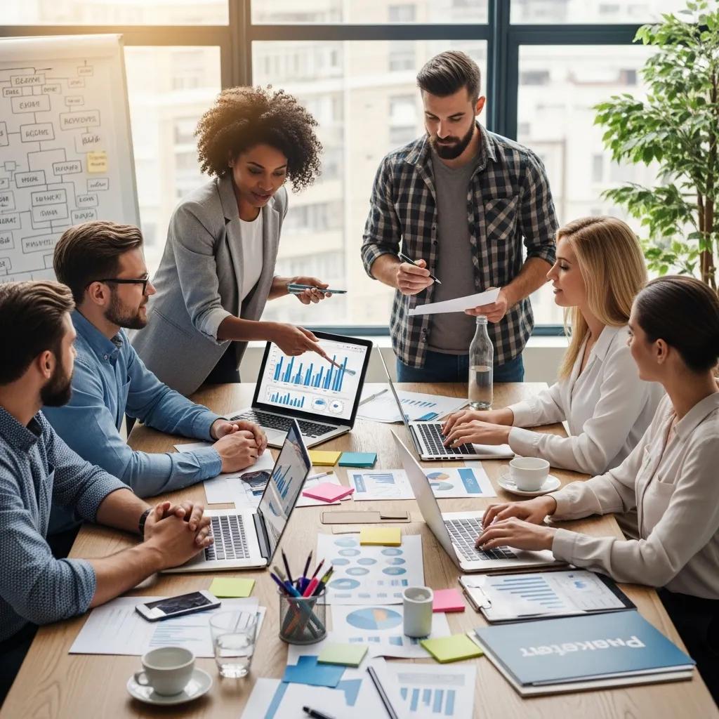 Diverse professionals collaborating on marketing strategies and budget optimization