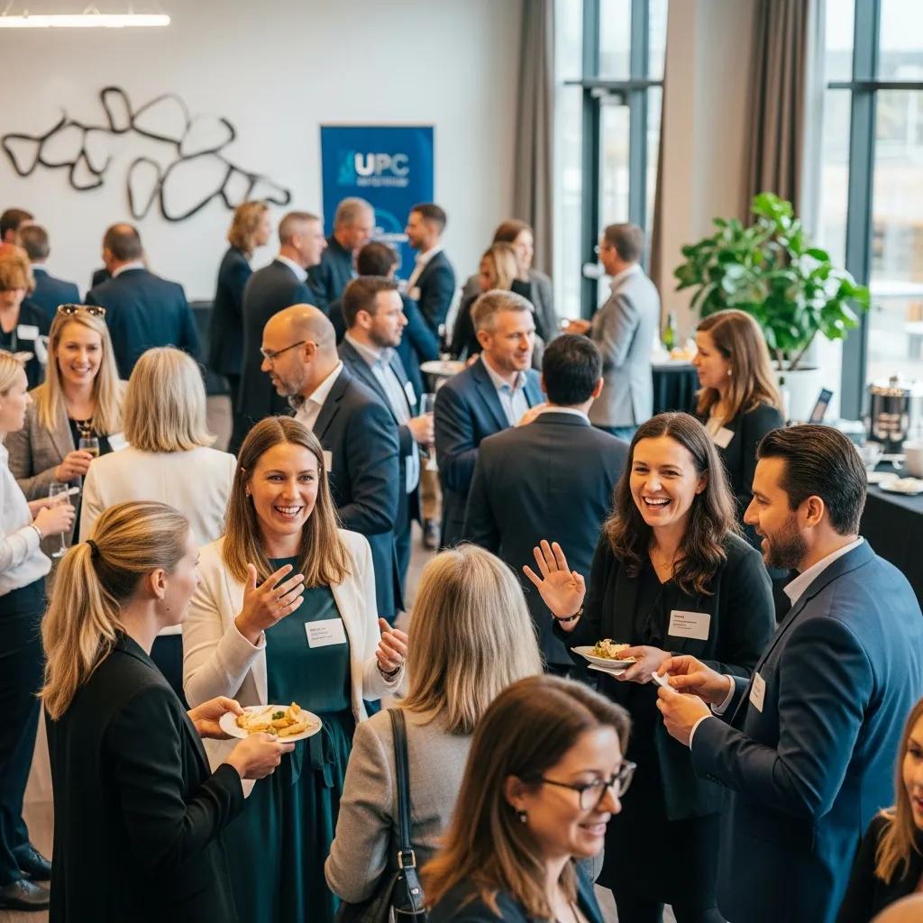 Diverse professionals networking at a local business event, showcasing collaboration and community engagement