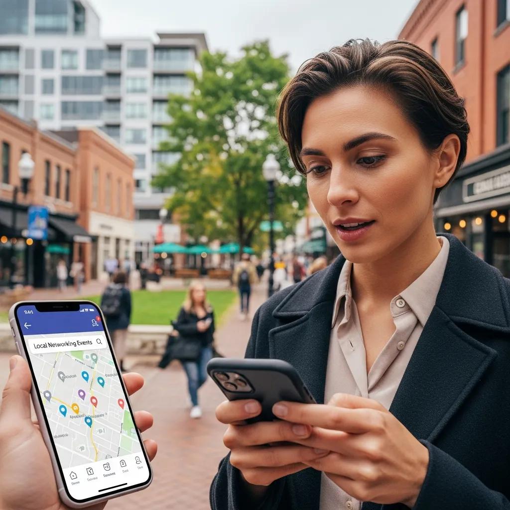 Individual using a mobile device to find local networking events, set against a vibrant cityscape