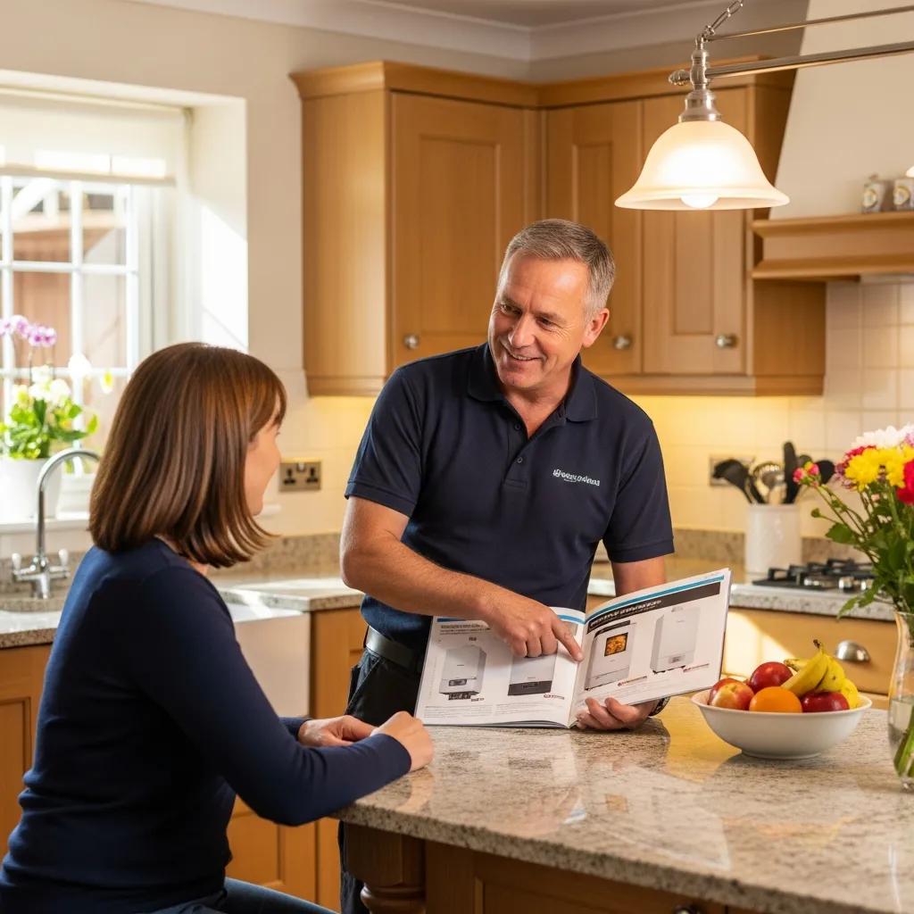 Local boiler installer consulting with a homeowner in a kitchen