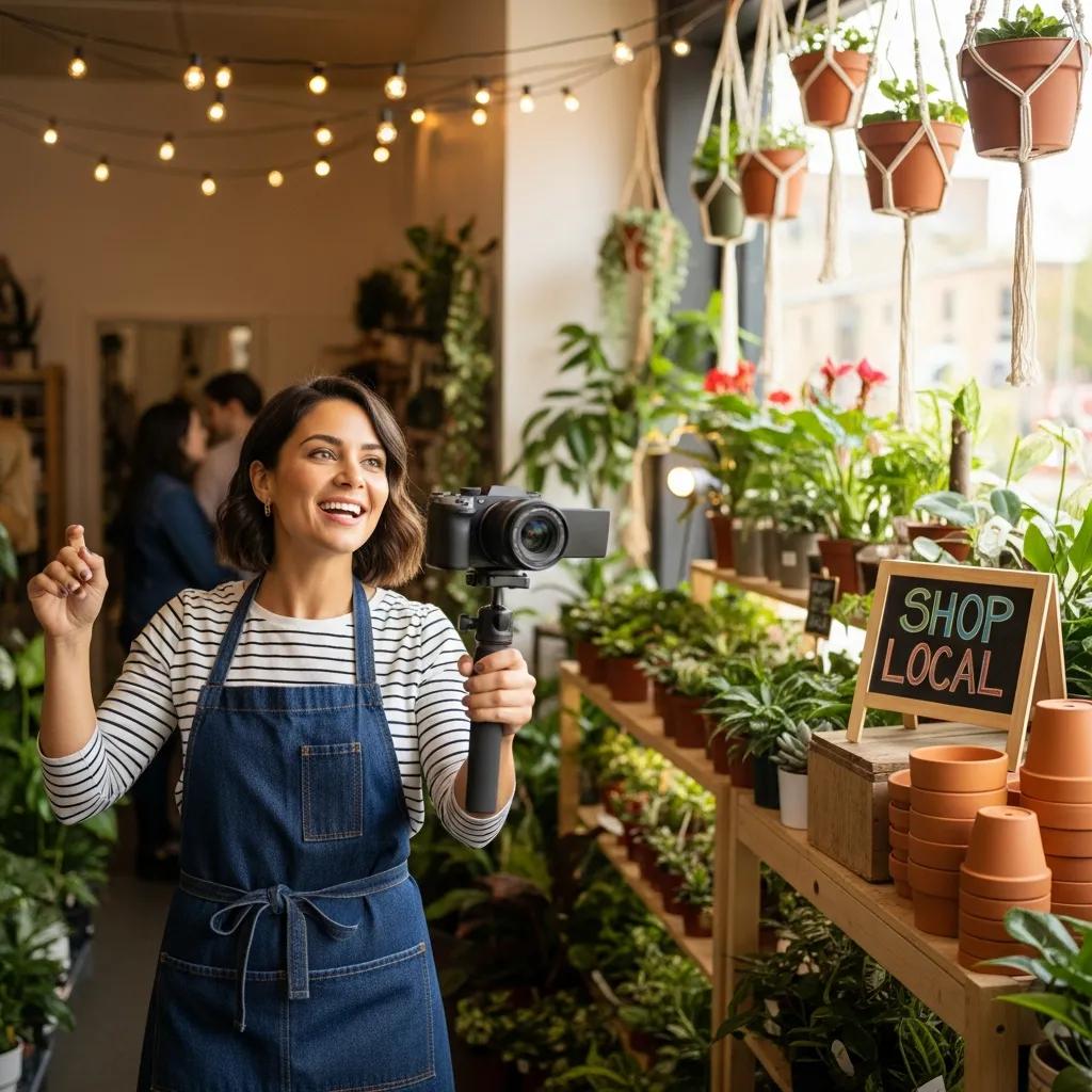 Local business owner filming a promotional video in a vibrant shop setting