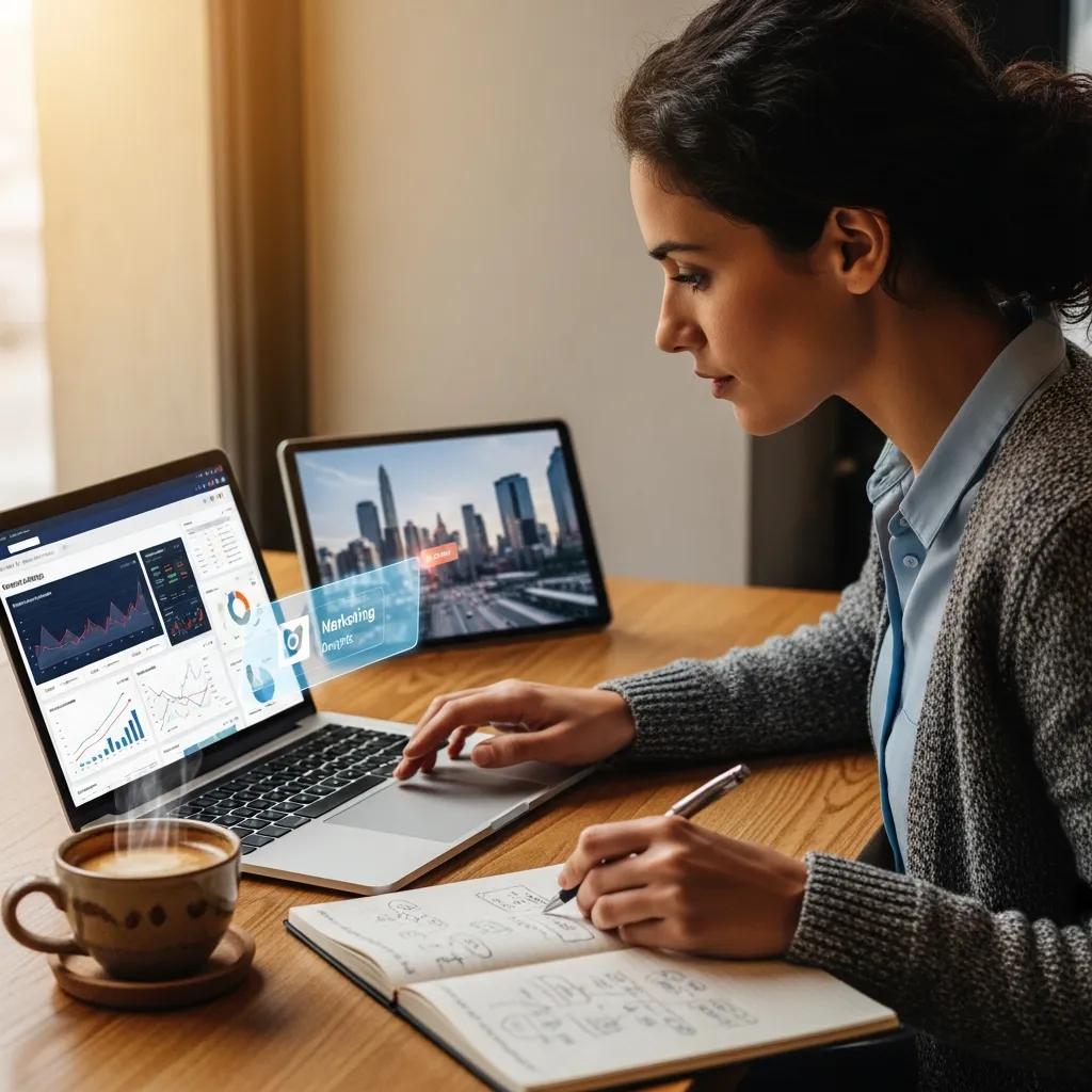 Local business owner using AI technology for marketing analysis