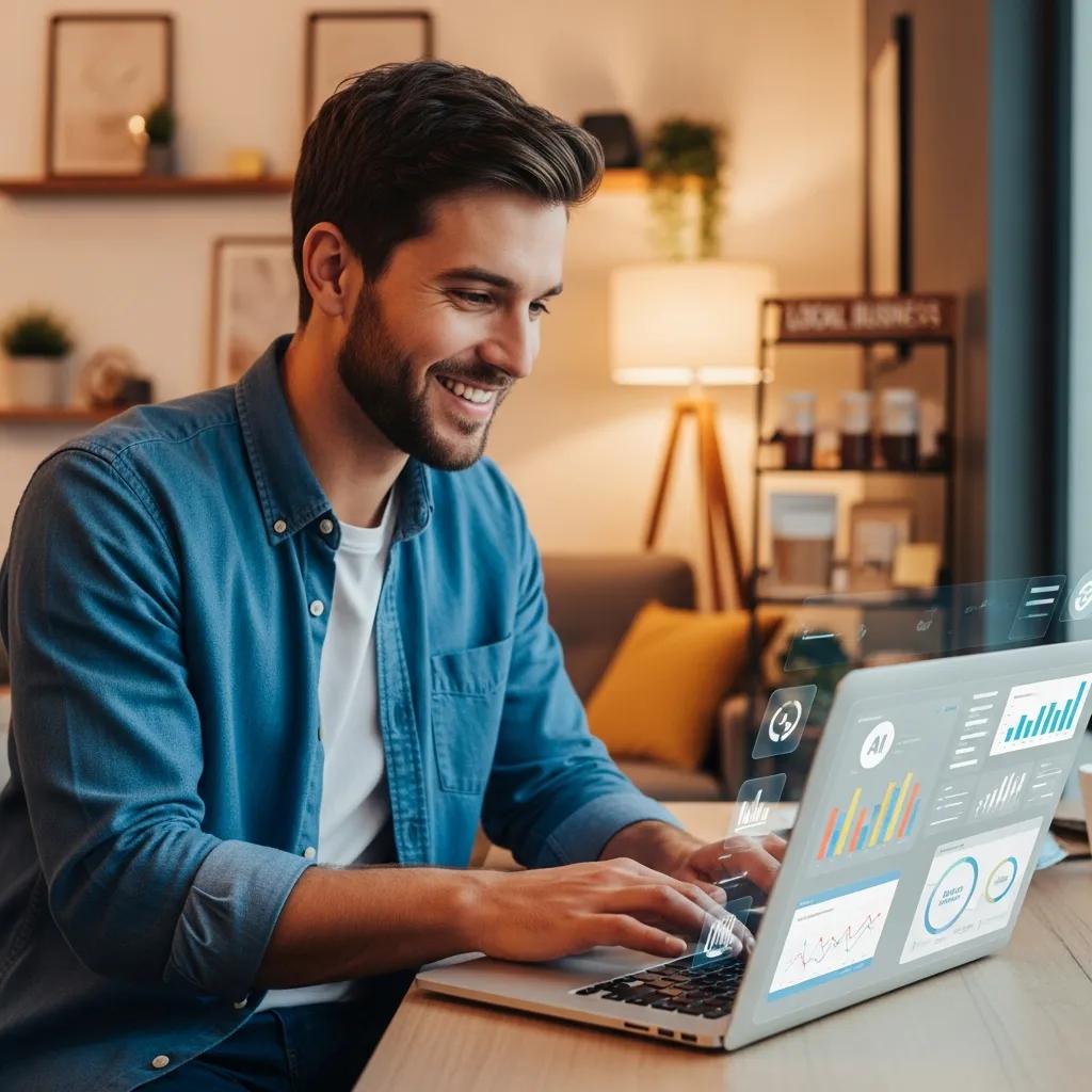 Local business owner utilizing AI tools for lead generation in a modern office