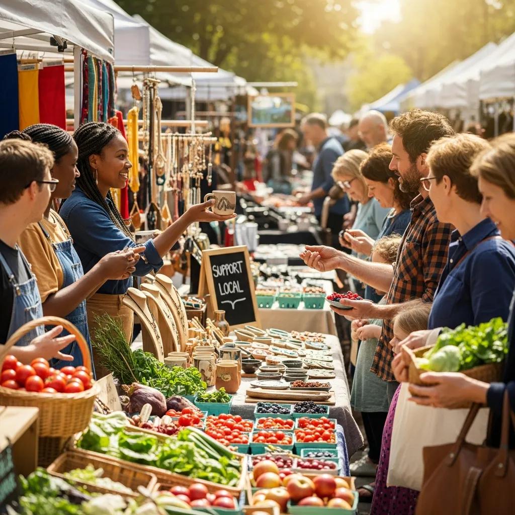 Local market scene showcasing small business owners and customers, emphasizing community support