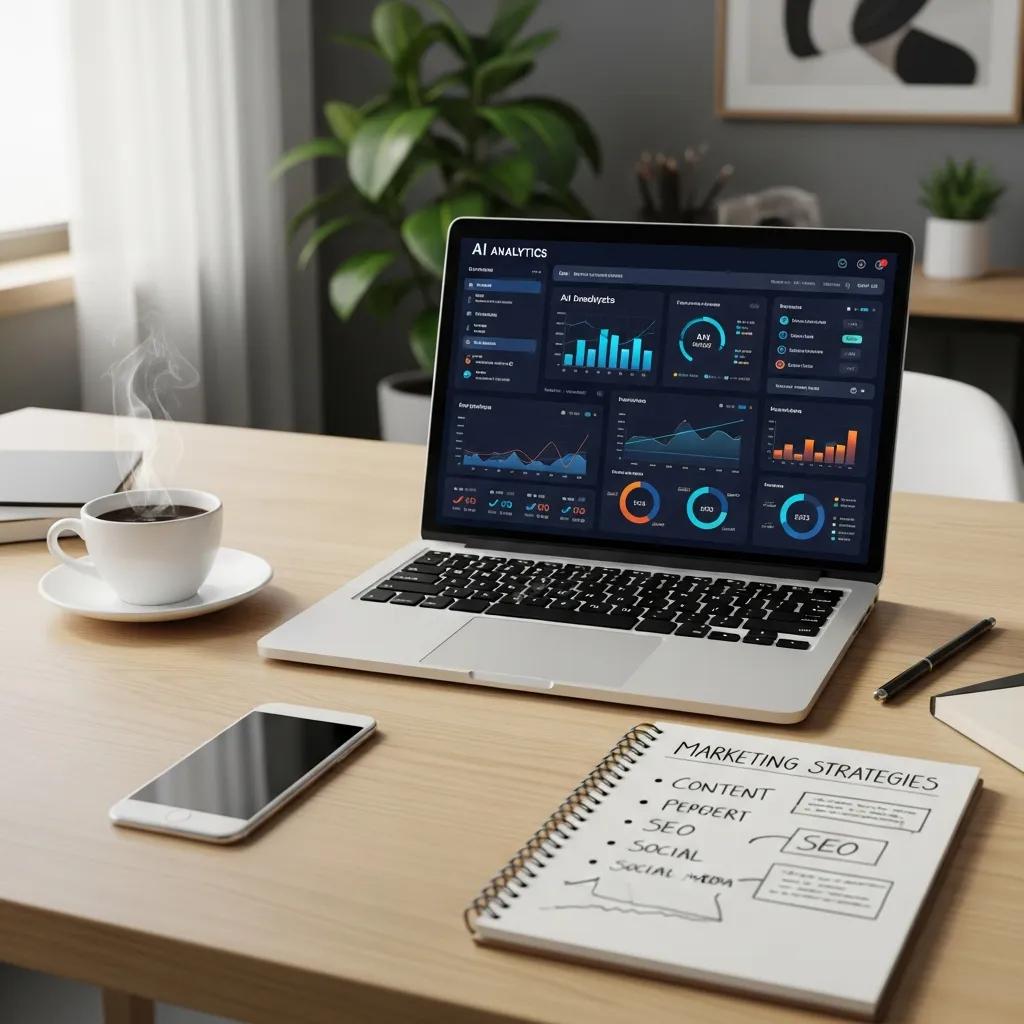 Modern digital marketing workspace with AI analytics dashboard and marketing materials