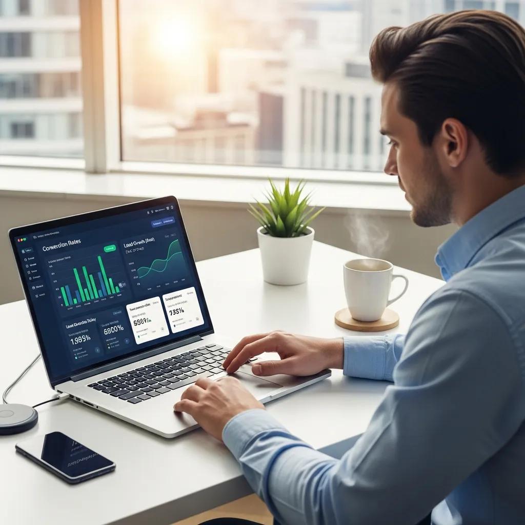 Modern digital workspace with AI lead generation tools on a laptop