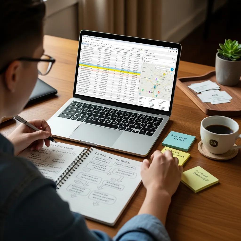 Person analyzing local keyword data on a laptop, highlighting the importance of keyword research for local SEO