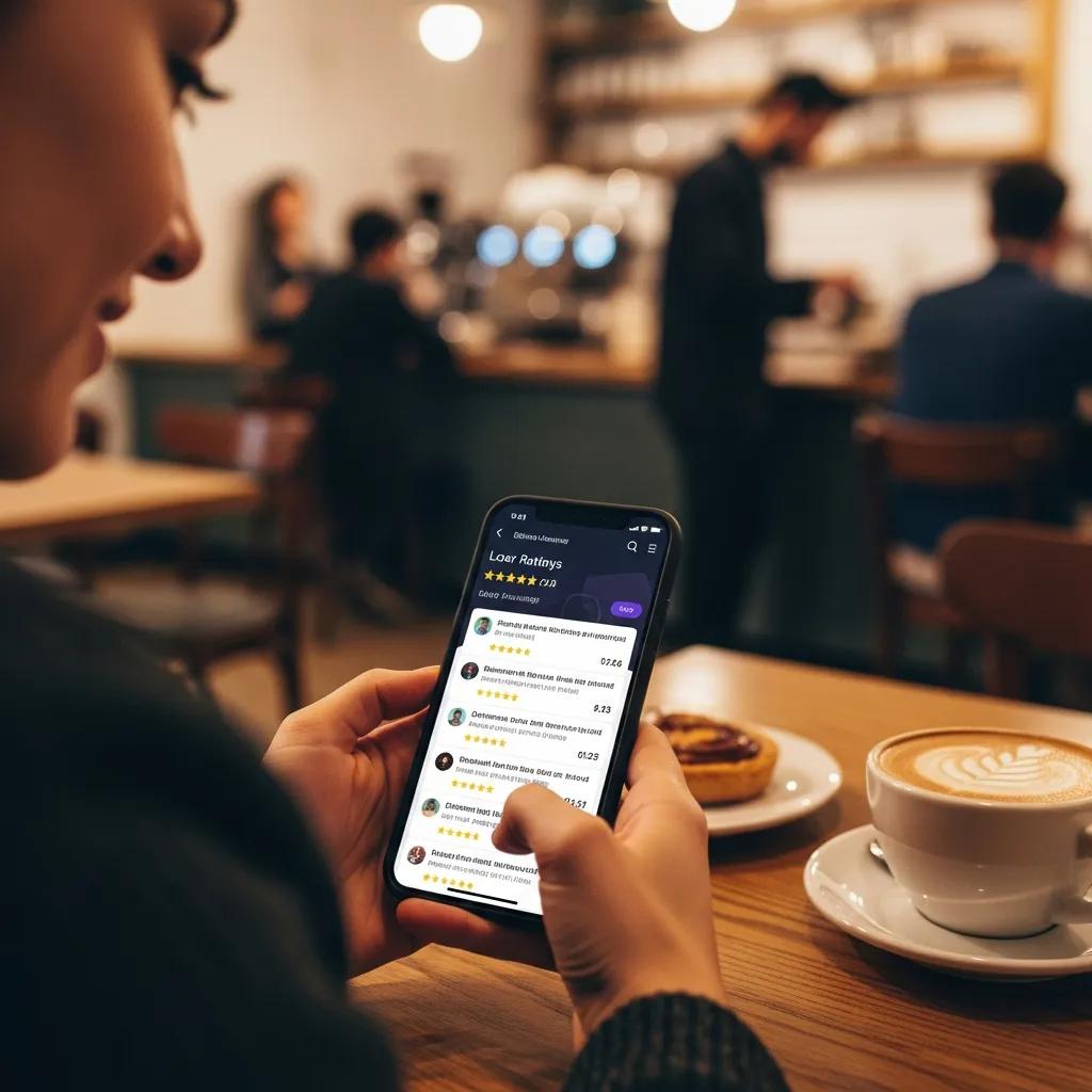 Person reading reviews on a mobile app in a café setting
