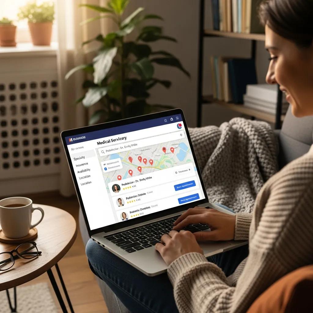 Person searching for healthcare providers on a laptop in a cozy home setting