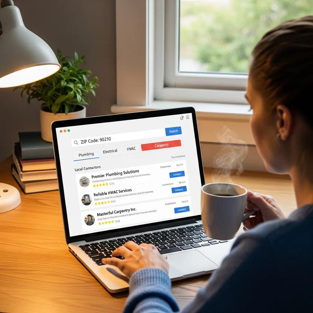 Person searching for local contractors online using a zip code directory