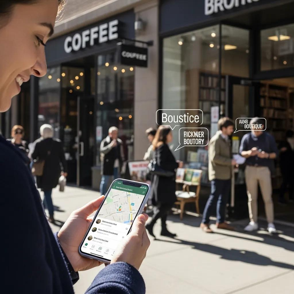 Person using a smartphone to find local businesses in an urban setting