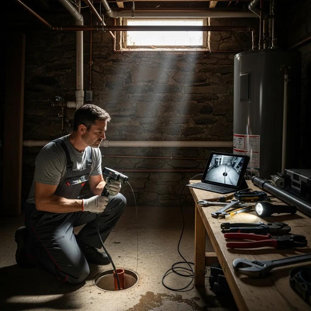 Professional plumber inspecting sewer line with tools in a residential setting