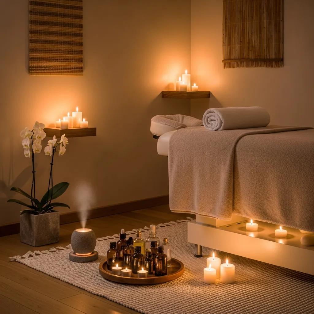 Relaxing spa environment with massage table and calming decor promoting wellness