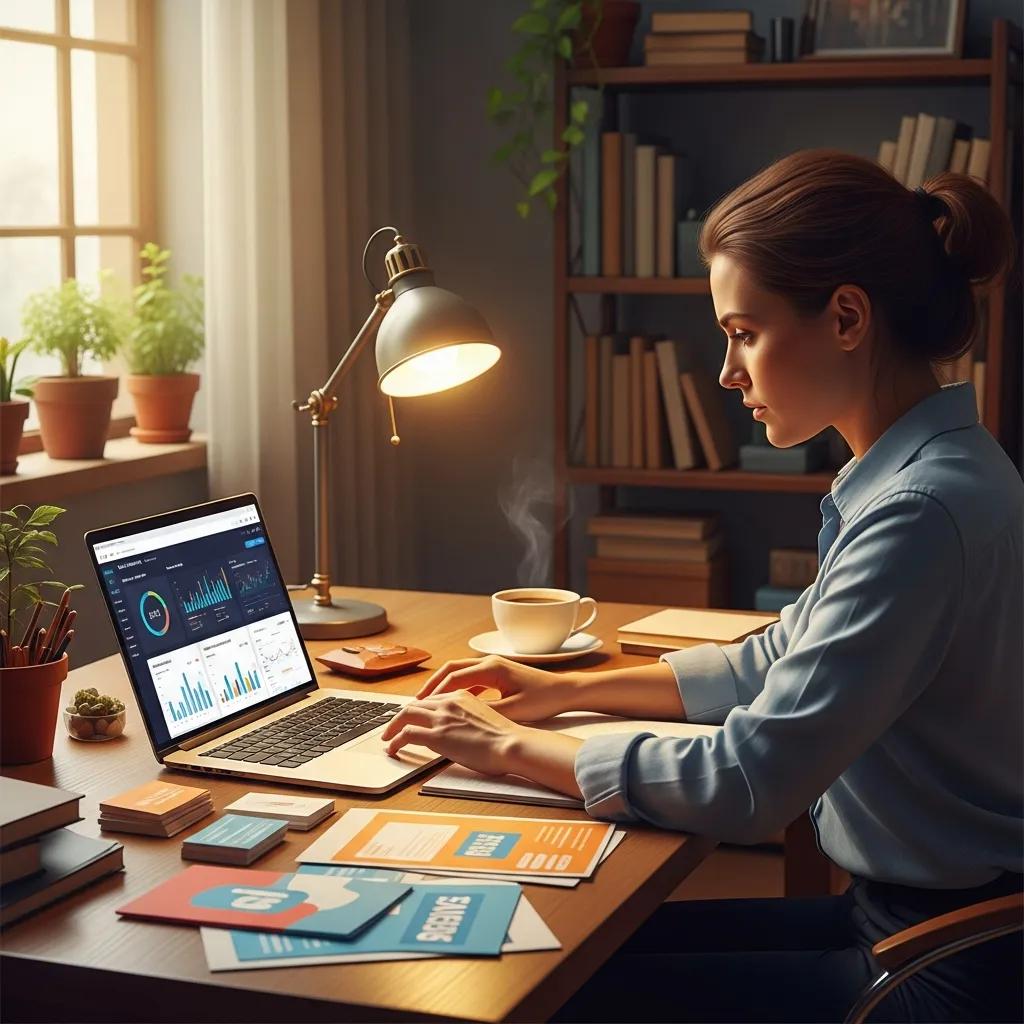 Small business owner reviewing a marketing plan on a laptop in a cozy office