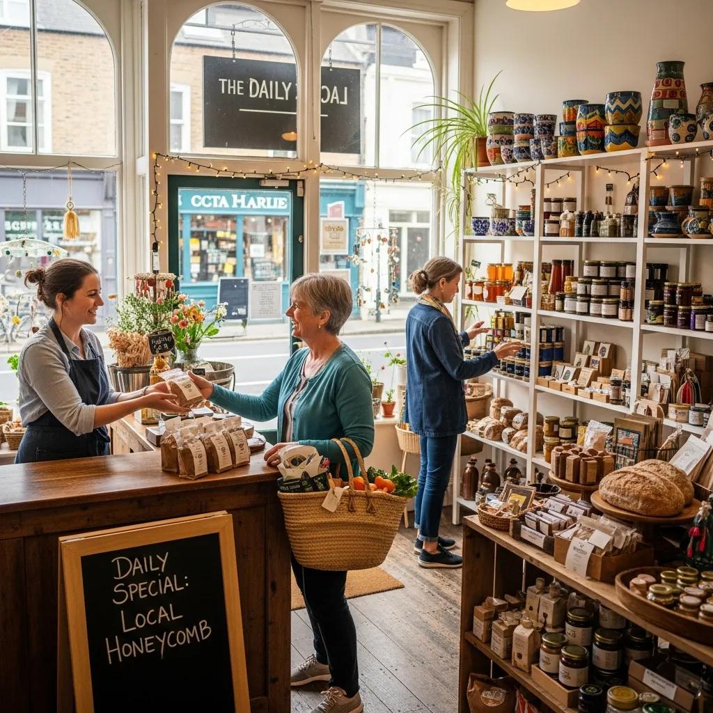Small business owner engaging with customers in a local shop, emphasizing community connection