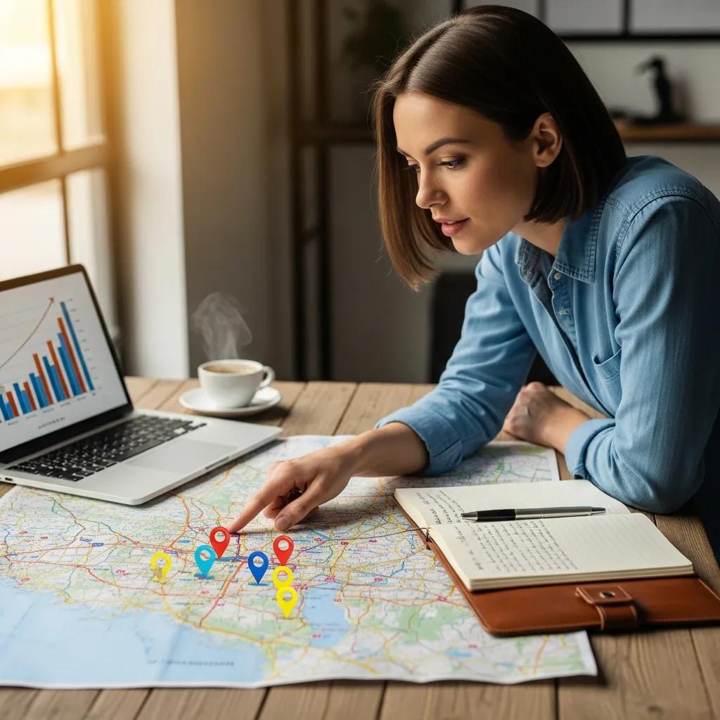 Small business owner planning geographic market expansion with a map and laptop