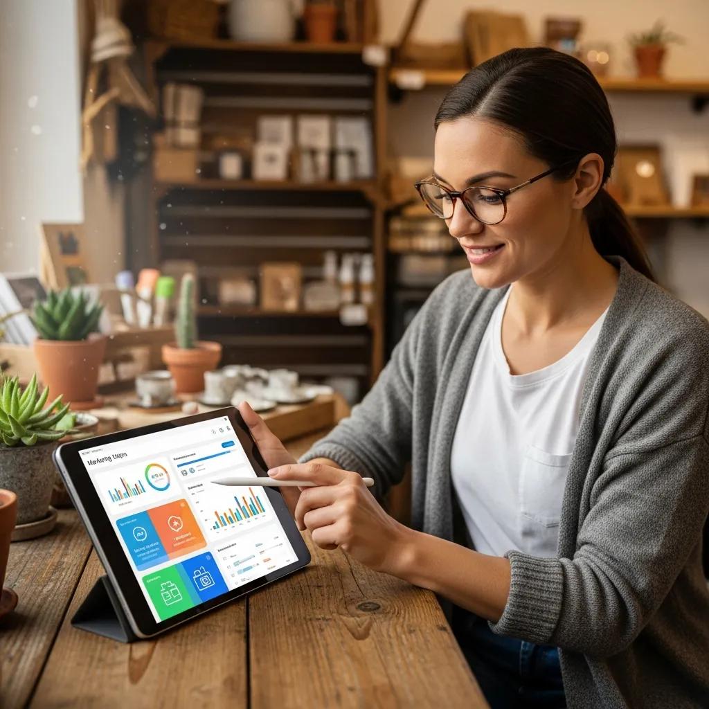 Small business owner utilizing AI tools for marketing analysis in a shop