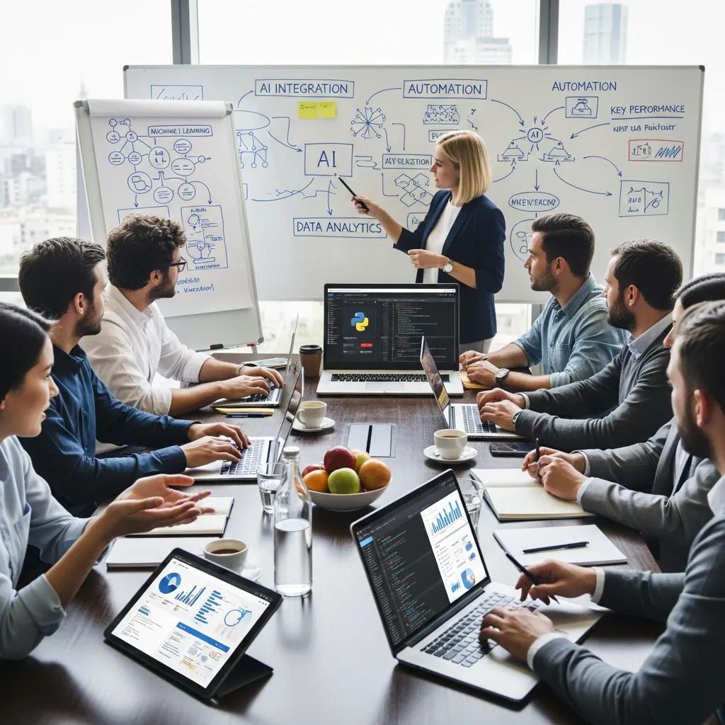Small business team collaborating on integrating AI tools in a meeting room