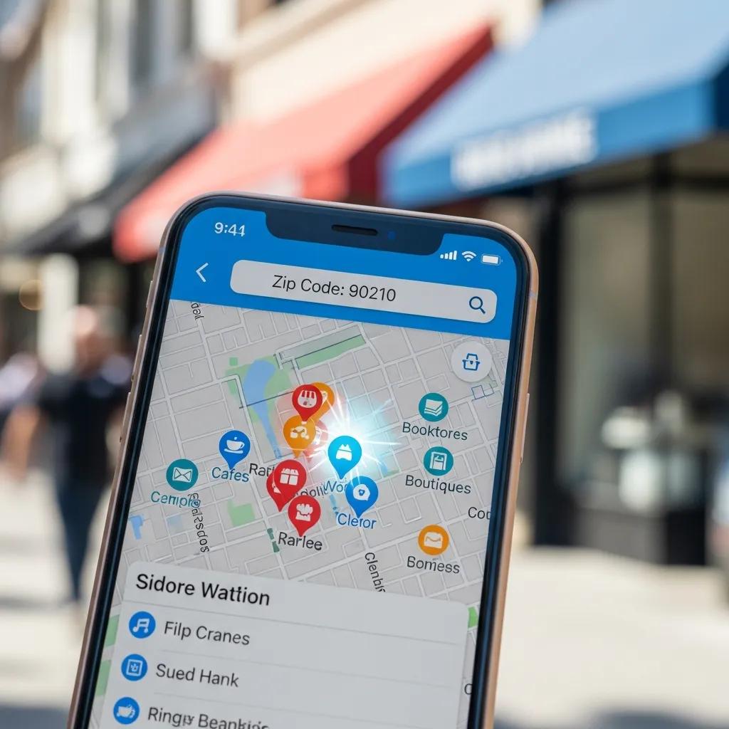 Smartphone displaying a map with local businesses highlighted by zip code search