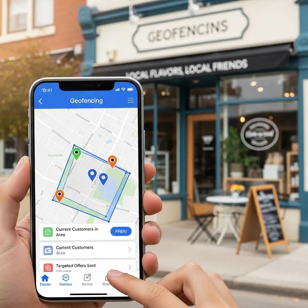Smartphone displaying geofencing app with local business in the background
